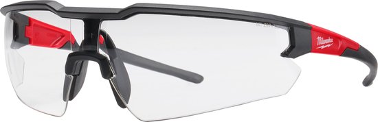 Milwaukee veiligheidsbril met zwart montuur, rode details en heldere lenzen.
