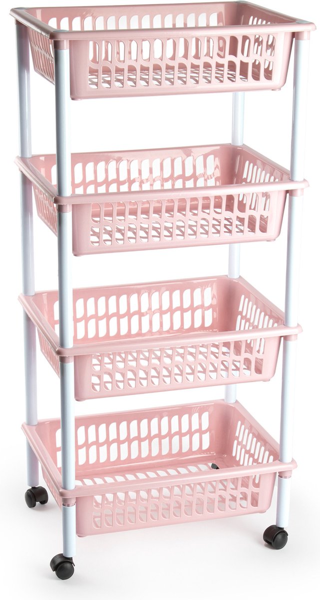 Opberger/organiser trolley/roltafel met 4 manden 85 cm oud roze - Etagewagentje/karretje met opbergkratten