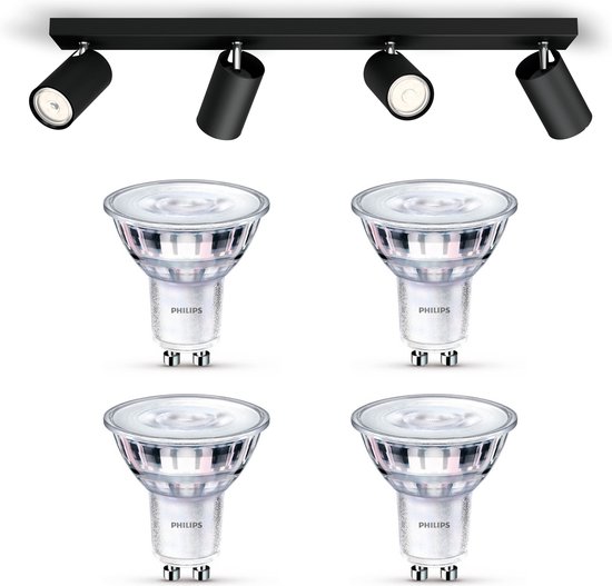 Plafonnier noir avec quatre spots orientables, incluant quatre ampoules LED Philips GU10.