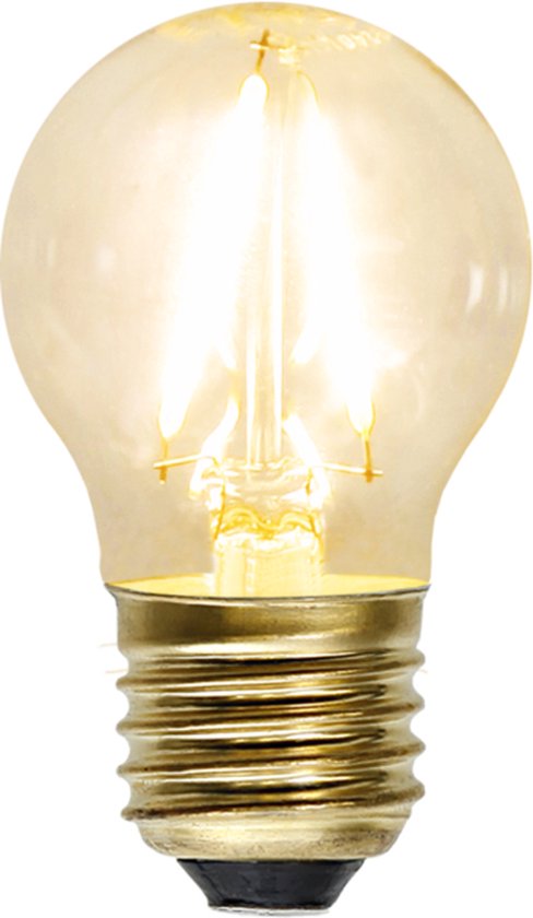 Ampoule à incandescence dorée à lumière chaude en forme de globe avec culot E27 et filament visible.