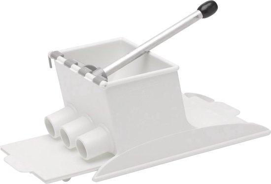 Witte krokettenmaker met zilverkleurige hendel en grijze versterking.