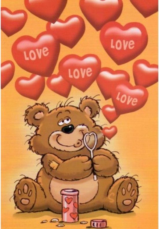 Love, love, love. Een schattige beer die bellen blaast in de vorm van rode hartjes! Een bijzondere en geweldige kaart om aan je liefde te geven! Tip: Denk aan je Valentijn. Een dubbele wenskaart inclusief envelop en in folie verpakt.