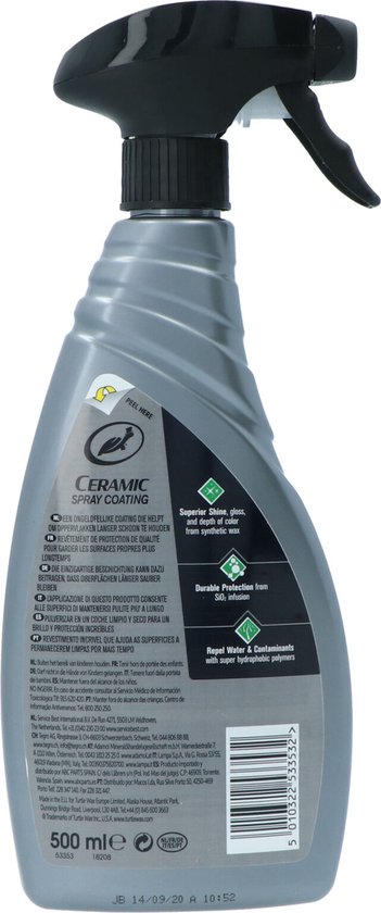 Arrière d'un flacon pulvérisateur gris avec des détails verts et noirs. "CERAMIC SPRAY COATING" avec texte multilingue.
