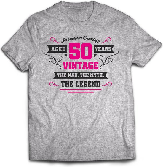 50 Jaar Legend - Abraham Feest kado T-Shirt Heren / Dames - Antraciet Grijs / Roze - Perfect Verjaardag Jubileum Cadeau Shirt - grappige Spreuken, Zinnen en Teksten. Maat 3XL