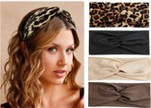 4 Stuks - Dames Haarbanden met Knoop Breed - Bruin Luipaard print Zwart Crème - Sport Yoga Haarbanden