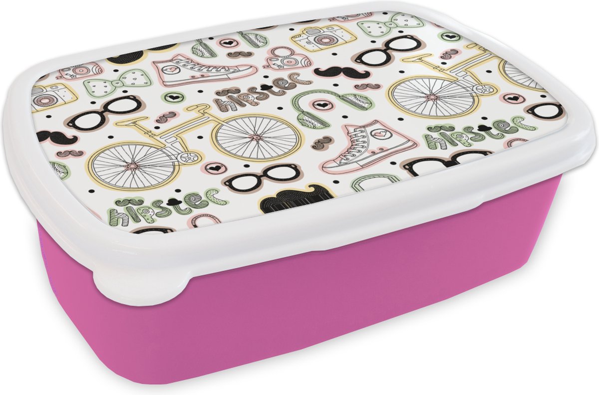 Broodtrommel Roze - Lunchbox - Brooddoos - Doodle - Koptelefoon - Patroon - 18x12x6 cm - Kinderen - Meisje