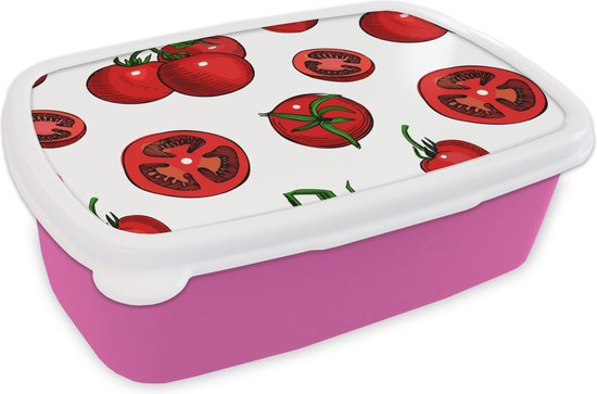 Broodtrommel Roze - Lunchbox - Brooddoos - Rood - Patronen - Tomaten - 18x12x6 cm - Kinderen - Meisje