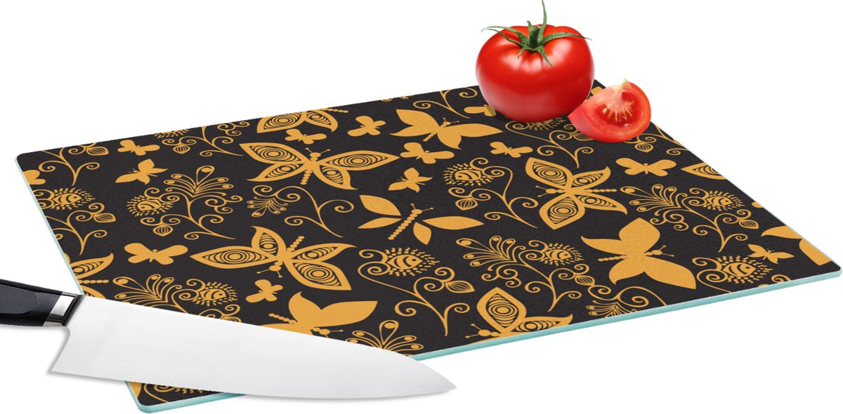 Glazen Snijplank - 39x28 - Bloemen - Vlinder - Goud - Patroon - Snijplanken Glas