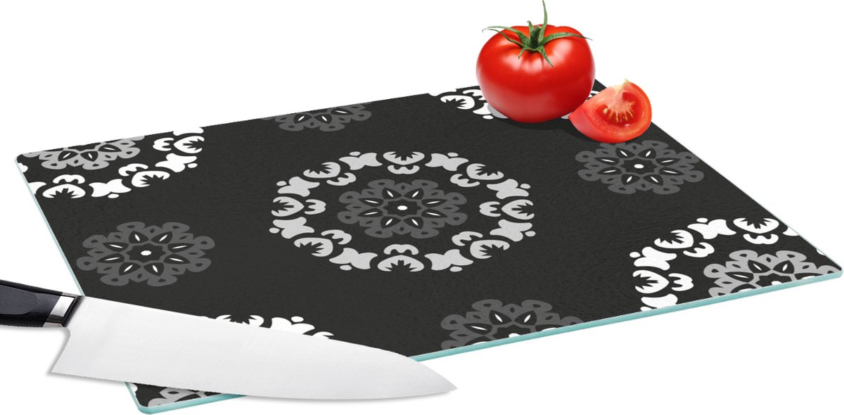 Glazen Snijplank - 39x28 - Mandala - Patronen - Zwart Wit - Snijplanken Glas