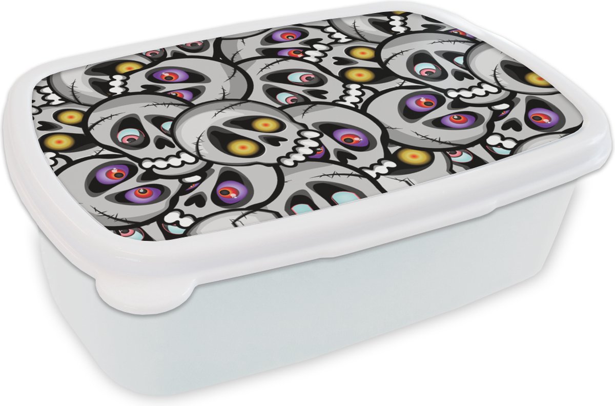 Broodtrommel Wit - Lunchbox - Brooddoos - Schedel - Patroon - Ogen - 18x12x6 cm - Volwassenen
