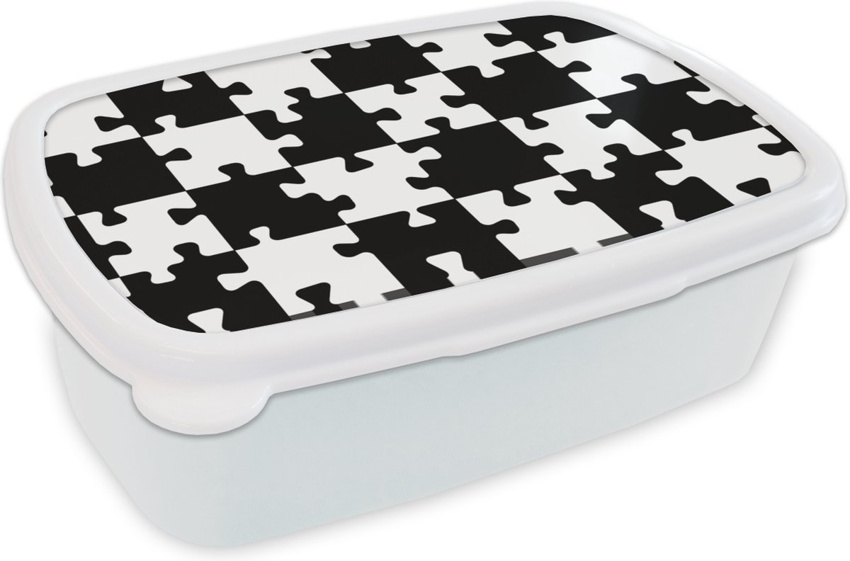 Broodtrommel Wit - Lunchbox - Brooddoos - Puzzel - Schaken - Patronen - 18x12x6 cm - Volwassenen