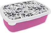 Broodtrommel Roze - Lunchbox - Brooddoos - Gitaar - Patronen - Zwart Wit - 18x12x6 cm - Kinderen - Meisje