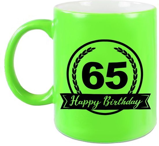 Foto: Happy birthday 65 years cadeau mok beker met wimpel 330 ml neon groen verjaardag