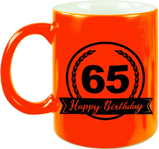 Foto: Happy birthday 65 years cadeau mok beker met wimpel 330 ml neon oranje verjaardag