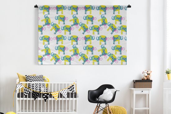 Wandkleed - Wanddoek - Olifant - Geel - Ornament - Patronen - 180x120 cm - Wandtapijt