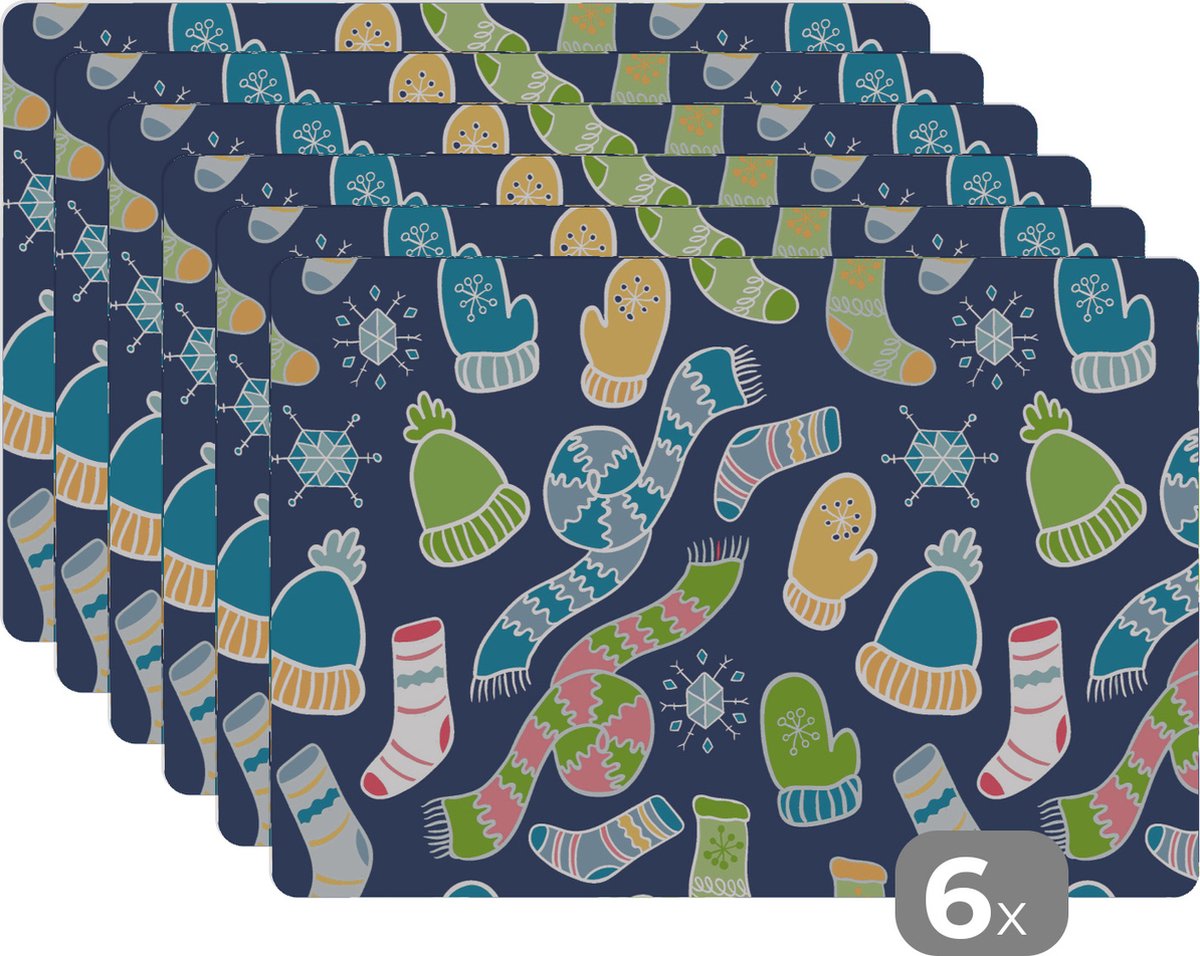 Placemat - Placemats kunststof - Sjaal - Handschoenen - Muts - Regenboog - Winter - Patronen - 45x30 cm - 6 stuks - Hittebestendig - Anti-Slip - Onderlegger - Afneembaar