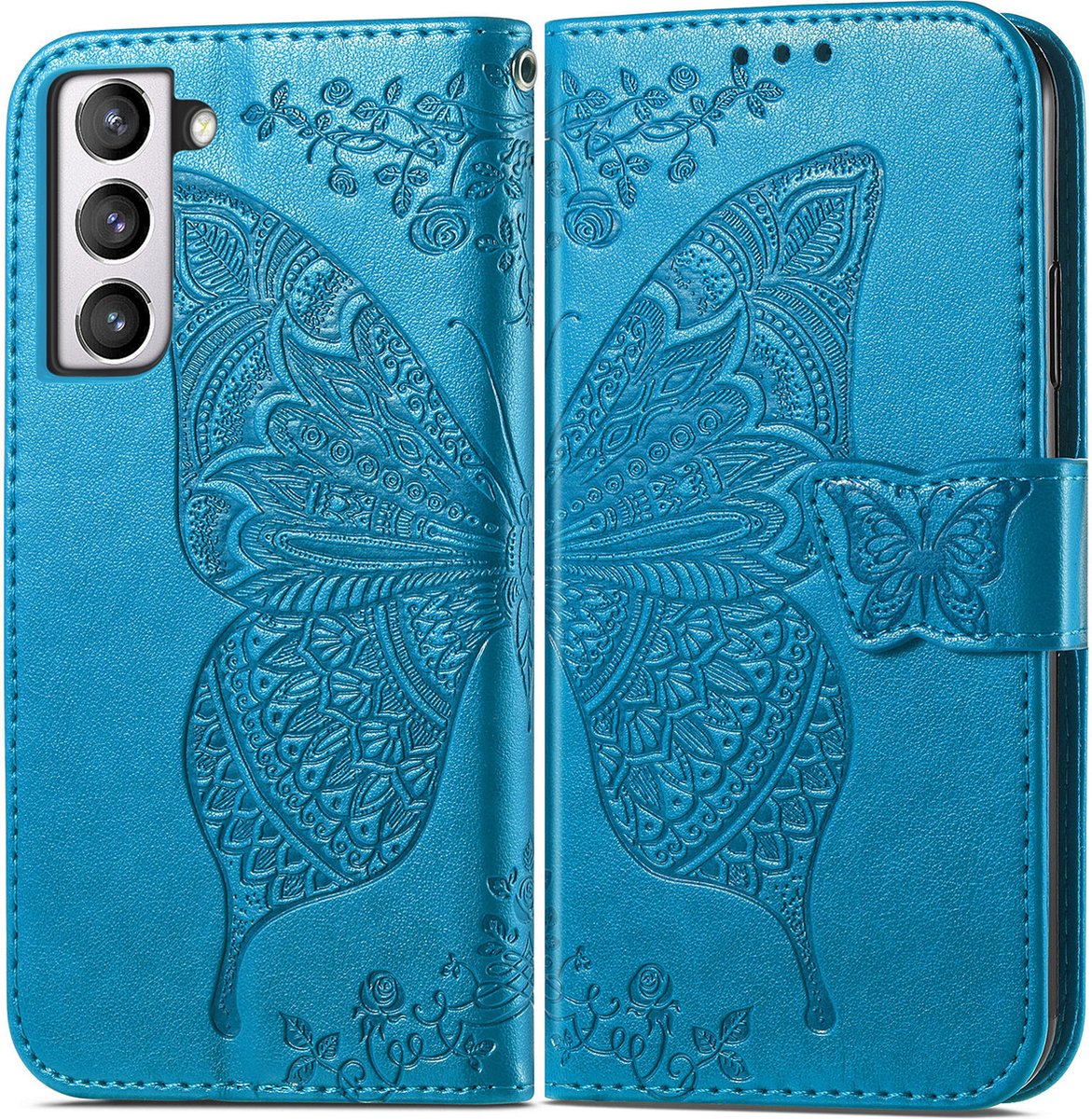 Bookcase geschikt voor Samsung Galaxy S21 FE - Blauw - Vlinder - Portemonnee Hoesje