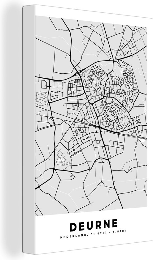 Canvas Schilderij Deurne - Stadskaart -Kaart - Plattegrond - Nederland - Zwart Wit - 80x120 cm - Wanddecoratie