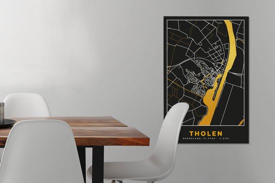Tableau sur toile Tholen - Black and Gold et Or - Plan de la ville - Carte - Plan - 40x60 cm - Décoration murale