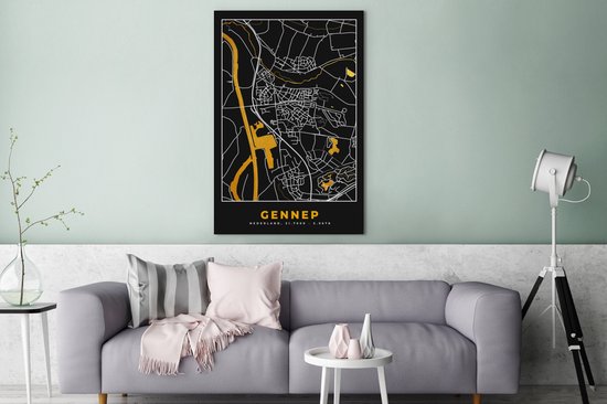 Tableau sur Toile Gennep - Plan de Ville - Black and Gold et Or - Carte - Carte - 80x120 cm - Décoration murale