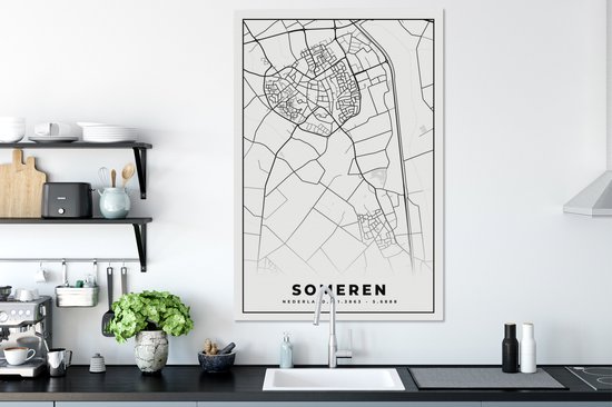 Peinture sur toile Someren - Plan de la ville - Wit - Plan d'étage - Carte - Nederland - 80x120 cm - Décoration murale
