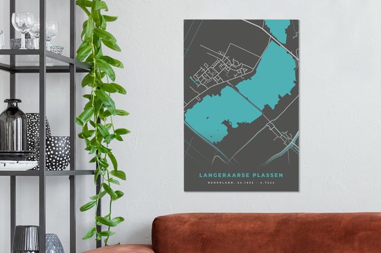 Canvas Schilderij Stadskaart - Water - Plattegrond - Langeraarse Plassen - Nederland - Kaart - 60x90 cm - Wanddecoratie