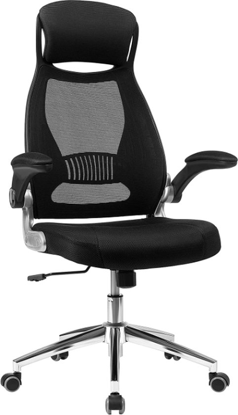 CGPN Bureaustoel, draaistoel, managersstoel, bureaudraaistoel met hoofdsteun, inklapbare armleuningen, kantelfunctie, zwart OBN86BK