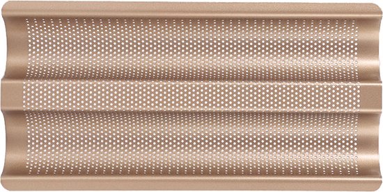 Moule à pain doré pour baguette avec trois cavités ondulées et perforations, vue de dessus.