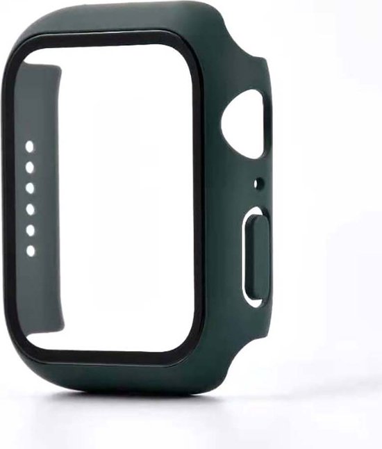 Donkergroen hoesje voor Apple Watch met uitsparingen voor knoppen en bandje. Zwarte rand om het scherm.
