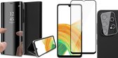 Hoesje geschikt voor Samsung Galaxy A33 - Book Case Spiegel Wallet Cover Hoes Zwart - Full Tempered Glass Screenprotector - Camera Lens Protector