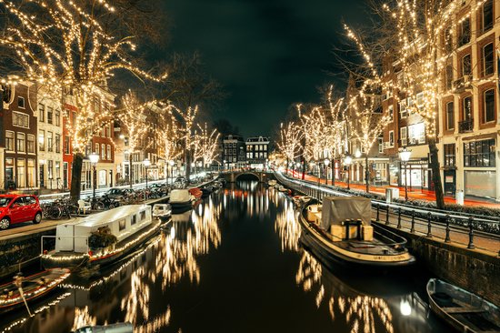 Poster - Amsterdamse Gracht in de Nacht, Sfeerbeeld Amsterdam, Premium Print, snel in huis