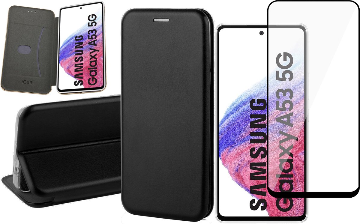 Hoesje geschikt voor Samsung Galaxy A53 - Book Case Kunstlederen Wallet Cover Minimalistisch Pasjeshouder Hoes Zwart - Full Tempered Glass Screenprotector
