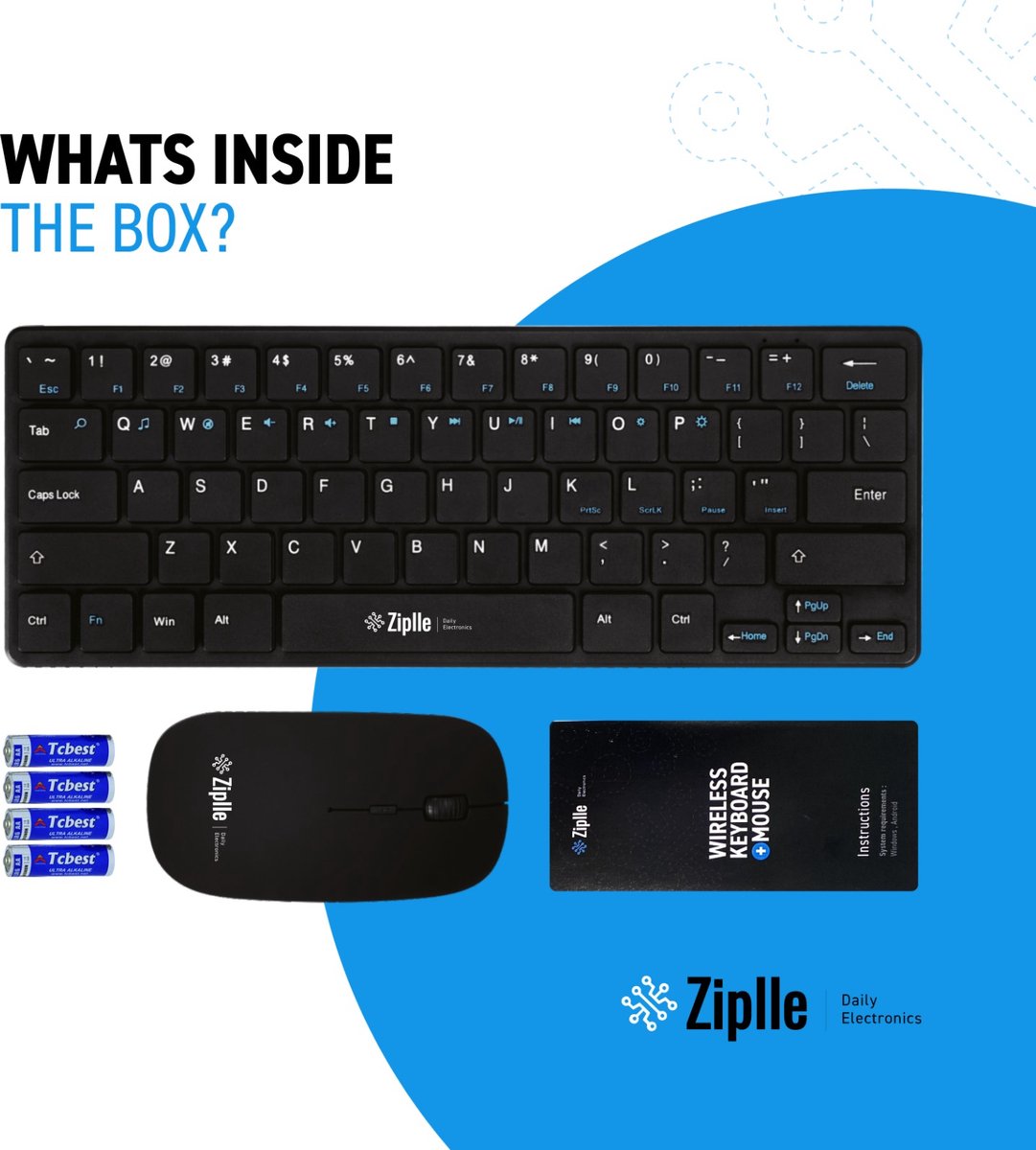 Zipple draadloze toetsenbord en muis, qwerty toetsenbord, Zwart