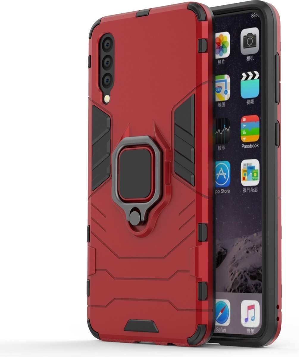 Mobigear Hoesje geschikt voor Samsung Galaxy A50 Telefoonhoesje Hardcase | Mobigear Armor Ring Backcover Shockproof met Ringhouder | Schokbestendig Galaxy A50 Telefoonhoesje | Anti Shock Proof - Rood