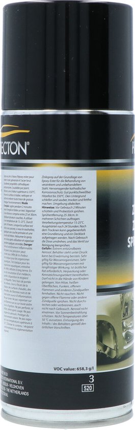 Protecton zinkspray blik met tekst in verschillende talen en waarschuwingssymbolen. 400ml.