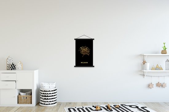 Posterhanger incl. Poster 40x60 cm - Schoolplaat - Milaan - Plattegrond - Goud - Zwart - Textielposter - Zwarte latten - Stadskaart