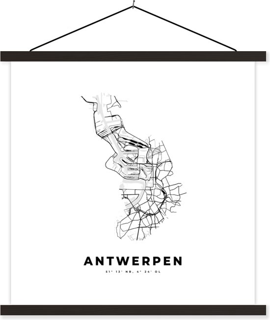 Porte-affiche avec affiche - Affiche scolaire - Carte - Plan d'étage - Plan de la ville - Anvers - België - Zwart Wit - 60x60 cm - Lattes noires