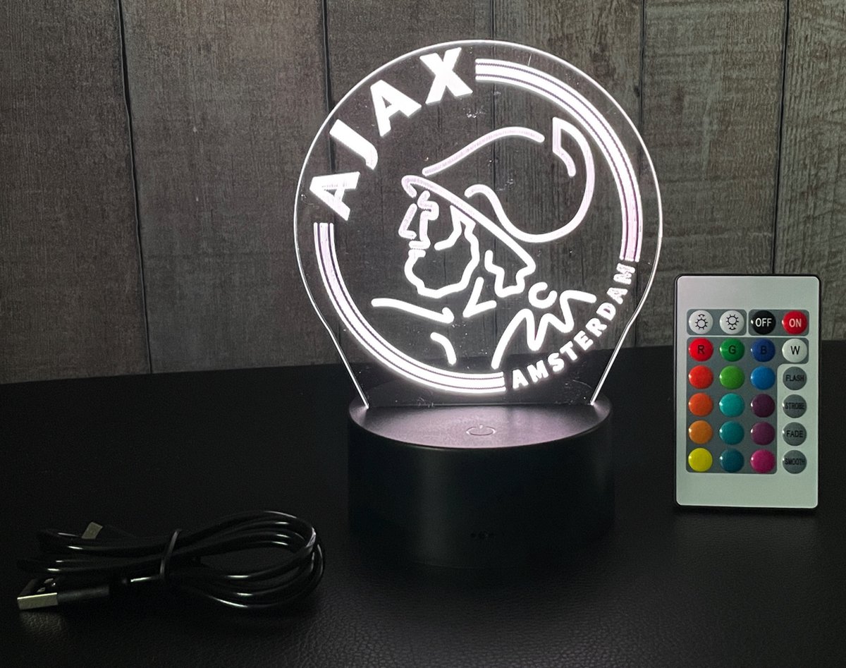 Klarigo®️ Nachtlamp – 3D LED Lamp Illusie – 16 Kleuren – Bureaulamp – Ajax Amsterdam – Sfeerlamp Ajax– Nachtlampje Kinderen – Creative lamp - Afstandsbediening - Klarigo
