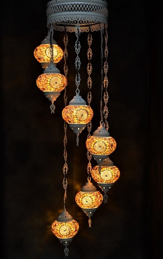 Hanglamp multicolour bruin glas mozaïek Oosterse lamp kroonluchter Crèmewit 7 bollen