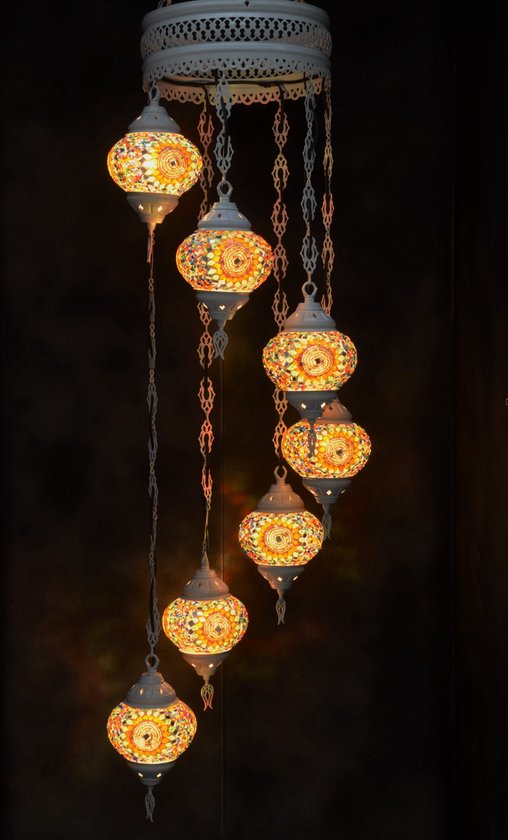 Lampe suspendue mosaïque de verre multicolore Lampe orientale lustre Blanc crème 7 ampoules