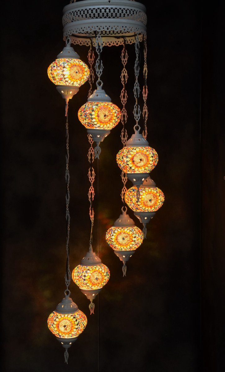 Hanglamp multicolour glas mozaïek Oosterse lamp kroonluchter Crèmewit 7 bollen