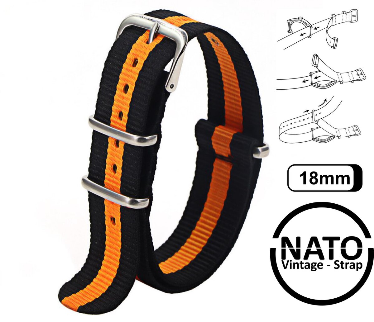 18mm Premium Nato Strap Zwart Oranje - Vintage James Bond - Nato Strap collectie - Mannen - Horlogeband - 18 mm bandbreedte voor oa. Seiko Rolex Omega Casio en Citizen