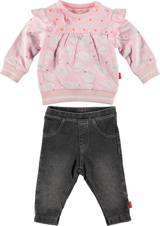 BESS - kledingset - 2delig - Broek Jegging Jogdenim grijs - Sweater roze met zwanen