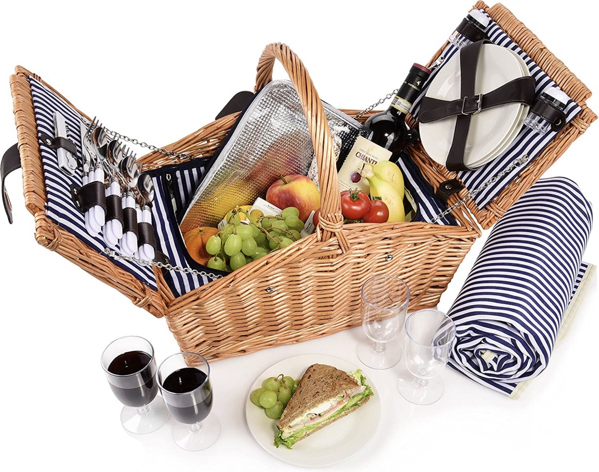 Sänger | Picknickmand Sylt, 24-delige complete set voor 4 personen, picknickmand groot, picknickdeken en servies