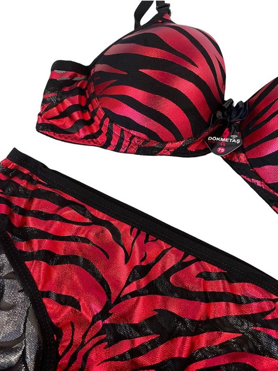 Ensemble Lingerie 2 pièces - Ensemble soutien-gorge rembourré à armatures - Ensemble soutien-gorge Push-up - Imprimé zèbre rouge - Taille 80B