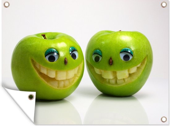 Tuin decoratie Groene appels met lachende gezichten - 40x30 cm - Tuindoek - Buitenposter