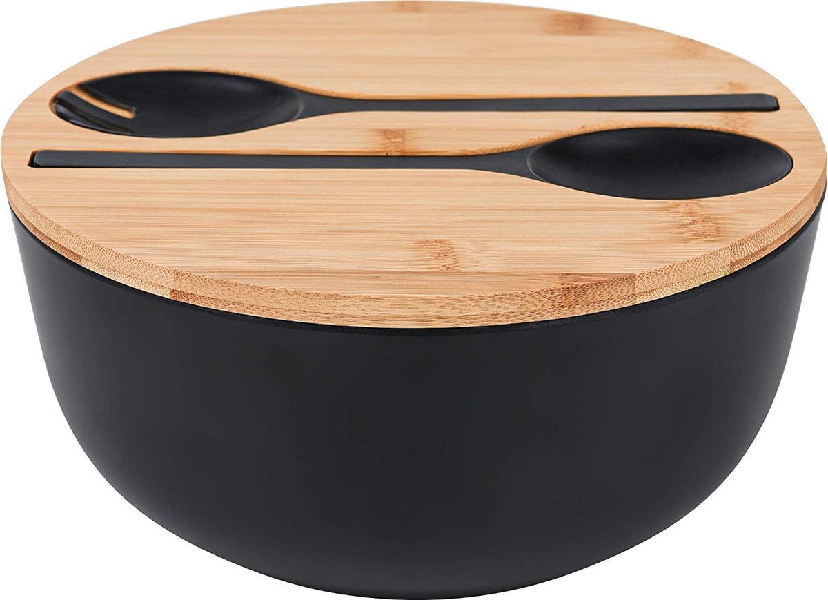 Smart Kitchen grote slakom set met bamboe deksel – Saladeschaal 25cm – Serveerschaal – Fruitschaal – Mengkom – Zwart