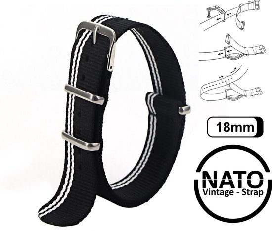 18mm Premium Nato Strap Zwart Wit - Vintage James Bond - Nato Strap collectie - Mannen - Horlogeband - 18 mm bandbreedte voor oa. Seiko Rolex Omega Casio en Citizen