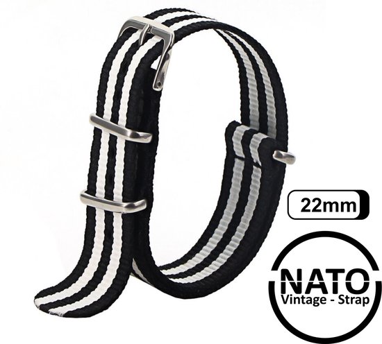 Bracelet Nylon NATO 22mm - Noir/Gris, Compatible Seiko, Citizen, Occasion