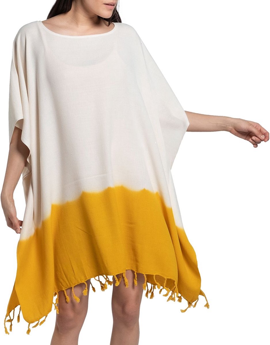 Dip Dye Strandtuniek Mustard Yellow Onesize (L/XL) - onesize (L/XL) - strand tuniek dames - sauna - strandmode - strandjurk - tuniek - sarong-dress - bikini cover up - strandjurkje
